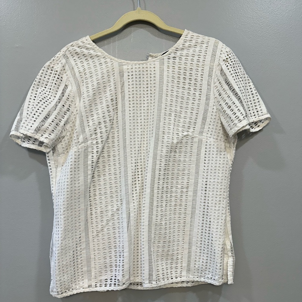 Banana Republic Women White Eyelet Short Sleeve Blouse Top SZ L